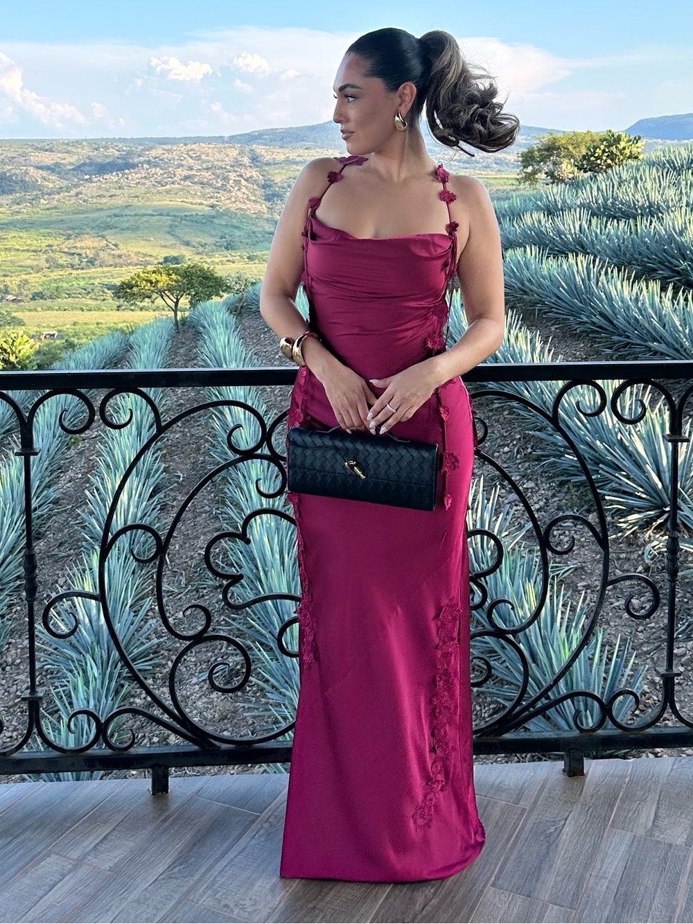 Fashion Nova Magenta Maxi Dress with Floral Strap Detail